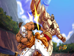 Rule 34 | 2boys, abs, battle, beard, brown hair, capcom, dark skin, dark-skinned male, el fuerte, elbow pads, facial hair, fight, luchador, luchador mask, mask, mexico, mohawk, motion blur, multiple boys, muscular, open mouth, outdoors, russian text, topless male, street fighter, street fighter iv (series), wrestler, zangief