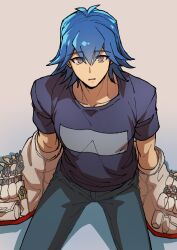 Rule 34 | 1boy, absurdres, blue hair, blue shirt, bruno (yu-gi-oh!), denim, from above, gradient background, grey eyes, highres, jeans, male focus, off shoulder, open mouth, pants, parted lips, pliers, pocket, raised eyebrows, shirt, short hair, simple background, sitting, solo, surprised, t-shirt, tools, utility vest, vest, wrench, youko-shima, yu-gi-oh!, yu-gi-oh! 5d&#039;s