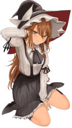 Rule 34 | 1girl, absurdres, alternate costume, alternate hair color, arm behind head, arm garter, arm ribbon, arm support, ascot, between legs, black ascot, black footwear, black hat, black nails, black ribbon, black skirt, black socks, blouse, blush, bow, braid, brown hair, closed mouth, commentary, frilled hat, frilled skirt, frills, full body, green eyes, hair between eyes, hair bow, half-closed eyes, hand between legs, hand in own hair, hat, hat bow, highres, juliet sleeves, kirisame marisa, kneehighs, long hair, long sleeves, looking at viewer, nail polish, necro (nekurodayo), puffy sleeves, red hat, ribbon, shirt, side braid, simple background, single braid, sitting, skirt, skirt tug, slit pupils, smirk, socks, solo, spread legs, suspender skirt, suspenders, taut clothes, taut shirt, touhou, two-sided fabric, very long hair, wariza, white background, white bow, white shirt, witch hat