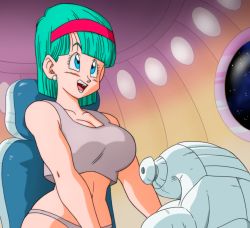 Rule 34 | 1girl, :o, bare arms, bare shoulders, blue eyes, blunt bangs, breasts, bulma, chair, cleavage, dragon ball, dragonball z, earrings, female focus, from below, green hair, grey panties, grey tank top, hairband, happy, indoors, jewelry, large breasts, looking away, midriff, navel, open mouth, panties, red hairband, short hair, sitting, sleeveless, smile, solo, spaceship, stud earrings, tank top, underwear, underwear only, upper body, window, yamamoto doujin