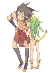 Rule 34 | 1boy, 1girl, animal ears, animal hands, animal print, ass, bad id, bad pixiv id, barefoot, blade (galaxist), brother and sister, brown hair, cham cham, couple, gloves, green eyes, green hair, height difference, hetero, long hair, mexico, paw gloves, paw shoes, pointy ears, samurai spirits, shoes, siblings, simple background, snk, tail, tamtam (samurai spirits), tiger print, toeless legwear, whispering, yellow eyes
