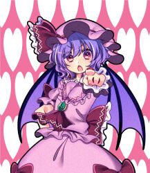 Rule 34 | ascot, bat wings, bow, commentary request, dress, frilled dress, frilled ribbon, frills, green brooch, hair between eyes, hand on own hip, hat, hat bow, heart, heart background, highres, looking at viewer, mob cap, pink dress, pink hair, pink hat, pointing, pointing at viewer, red ribbon, remilia scarlet, ribbon, short hair, short sleeves, touhou, tsugomori (remilia0398), wings, wrist cuffs