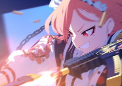 Rule 34 | 1girl, blue archive, chain, close-up, earrings, firing, from side, game cg, grin, gun, highres, holding, holding gun, holding weapon, jacket, jewelry, long sleeves, maid headdress, mole, mole under eye, motion blur, neru (blue archive), non-web source, official art, open clothes, open jacket, open mouth, orange hair, print jacket, profile, shell casing, sig mpx, smile, solo, stud earrings, submachine gun, sukajan, teeth, v-shaped eyebrows, weapon