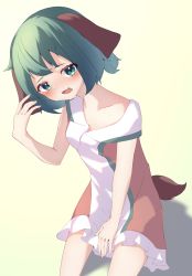 Rule 34 | 1girl, absurdres, animal ears, bare arms, bare shoulders, blush, collarbone, dog ears, dress, fang, flat chest, green eyes, green hair, gumi 9357, highres, kasodani kyouko, looking at viewer, open mouth, short hair, sitting, skin fang, solo, sweat, tail, tears, touhou, white dress