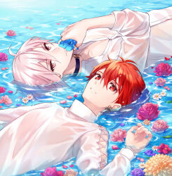 2boys animal_ears blue_flower brothers choker commentary_request flower holding holding_flower idolish7 ima_(luce365) kujou_tenn looking_at_viewer lying male_focus multiple_boys nanase_riku on_back pink_eyes pink_flower pink_hair pink_rose purple_flower purple_rose red_eyes red_flower red_hair red_rose rose shirt siblings smile upper_body wet wet_clothes white_footwear white_shirt yellow_flower