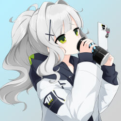 Rule 34 | 1girl, blue archive, can, energy drink, green eyes, grey hair, grey hoodie, hair ornament, hairpin, halo, hare (blue archive), highres, holding, holding can, hood, hoodie, jakomurashi, looking at viewer, ponytail, solo