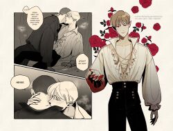Rule 34 | 2boys, absurdres, adam parrish, bishounen, black hair, blonde hair, blood, blood on hands, blush, buzz cut, catbishonen, cowboy shot, english text, floral print, freckles, highres, kiss, kissing neck, limited palette, looking at viewer, male focus, multiple boys, multiple views, pectoral cleavage, pectorals, pointy ears, red eyes, ronan lynch, short hair, speech bubble, the raven cycle, vampire, very short hair