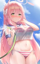 Rule 34 | 1girl, absurdres, ahoge, bikini, bikini under clothes, blue archive, blush, breasts, cloud, green eyes, hair ribbon, halo, hanako (blue archive), highres, hose, large breasts, long hair, looking at viewer, moleshi, navel, pink hair, pink halo, ribbon, see-through, sky, solo, striped bikini, striped clothes, swimsuit, water, wet, wet clothes
