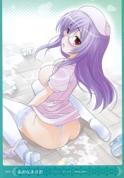 Rule 34 | 1girl, absurdres, aona masao, ass, breasts, feet, garter straps, glasses, hat, highres, lace, lace-trimmed legwear, lace trim, nipples, no bra, no shoes, nurse, nurse cap, panties, panties around leg, purple hair, red eyes, shoes, single shoe, sitting, solo, spill, thighhighs, underwear, wariza, white panties, white thighhighs