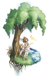 Rule 34 | 1girl, basket, brown hair, bug, butterfly, highres, insect, kazana (sakuto), mushroom, original, plant roots, red eyes, simple background, skirt, solo, tree, white background