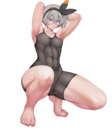 Rule 34 | 1girl, abs, arms behind head, arms up, bad id, bad twitter id, barefoot, bea (pokemon), black bodysuit, black hairband, blue eyes, blush, bodysuit, bodysuit under clothes, bow hairband, breasts, closed mouth, collared shirt, covered navel, creatures (company), dark-skinned female, dark skin, feet, game freak, grey hair, gym leader, hair between eyes, hairband, highres, knee pads, long hair, looking at viewer, muscular, muscular female, nintendo, pokemon, pokemon swsh, ruton-niki, shirt, short hair, short sleeves, small breasts, squatting, sweat, thighs, tied shirt, toned, white background, white shirt