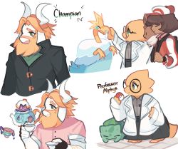 Rule 34 | ^ ^, alphys, arctozolt, asgore dreemurr, bad id, bad tumblr id, brown hair, bulbasaur, charamells, closed eyes, commentary, creatures (company), crossover, dark skin, eevee, english commentary, english text, facing viewer, fangs, frisk (undertale), furry, game freak, gen 1 pokemon, gen 8 pokemon, glasses, green eyes, highres, holding, holding poke ball, nintendo, poke ball, poke ball (basic), pokemon, pokemon (creature), polteageist, simple background, sinistea, undertale, white background