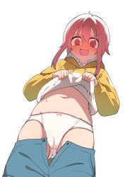 Rule 34 | 1girl, :d, @ @, absurdres, blue shorts, blush, bow, bow panties, cameltoe, clothes lift, clothes pull, commentary request, drawstring, from below, hair between eyes, highres, hood, hood down, hoodie, hoodie lift, lifting own clothes, long hair, looking at viewer, looking down, luke (dydansgur), navel, nose blush, open clothes, open fly, open mouth, open shorts, original, panties, pink hair, red eyes, shorts, shorts pull, simple background, smile, solo, sweat, underwear, white background, white hoodie, white panties, yellow hoodie