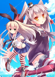 Rule 34 | 10s, 2girls, a flow, amatsukaze (kancolle), bad id, bad pixiv id, blonde hair, dress, elbow gloves, gloves, highres, kantai collection, multiple girls, orange eyes, sailor dress, shimakaze (kancolle), short dress, silver hair, striped clothes, striped thighhighs, thighhighs, twintails, two side up, yellow eyes, zettai ryouiki