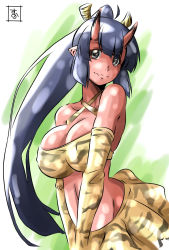 Rule 34 | 10s, 1girl, animal print, bare shoulders, black eyes, black hair, breasts, cleavage, colored skin, cowboy shot, elbow gloves, fang, gloves, horns, huge breasts, kinu (monster musume), long hair, looking at viewer, monster girl, monster musume no iru nichijou, oni, pointy ears, ponytail, red oni, red skin, s-now, signature, smile, solo, standing, tiger print, very long hair