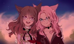 Rule 34 | 2girls, animal ears, armlet, warrior of light (ff14), blue eyes, breasts, brown hair, cat ears, choker, cleavage, collarbone, commission, earrings, facial mark, final fantasy, final fantasy xiv, glasses, highres, jewelry, looking at viewer, lune (delusional-lune), medium breasts, miqo&#039;te, multiple girls, open mouth, pink hair, red eyes, signature, sky, slit pupils, smile, star (sky), starry sky, sunset