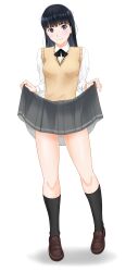 Rule 34 | 1girl, absurdres, amagami, ayatsuji tsukasa, black bow, black bowtie, black eyes, black hair, black socks, blush, bow, bowtie, breasts, brown footwear, closed mouth, clothes lift, collared shirt, full body, gluteal fold, grey skirt, highres, kero320, kibito high school uniform, kneehighs, light smile, loafers, long hair, long sleeves, looking at viewer, medium breasts, pleated skirt, school uniform, shirt, shoes, simple background, skirt, skirt lift, socks, solo, standing, straight hair, sweater vest, v-neck, white background, white shirt, yellow sweater vest