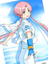 Rule 34 | 1girl, absurdres, andanden, aria (manga), aria company uniform, blue gloves, blue sky, cloud, cloudy sky, dress, eyelashes, fingerless gloves, from behind, gloves, green eyes, hair tubes, highres, looking at viewer, mizunashi akari, open mouth, parted bangs, pink hair, shadow, short hair with long locks, short sleeves, signature, single glove, sky, solo, undine (aria), white dress