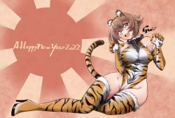Rule 34 | 1girl, 2022, alternate costume, animal collar, animal ears, animal print, breasts, brown hair, chain, chinese zodiac, claws, collar, commentary request, elbow gloves, flipped hair, fur-trimmed legwear, fur trim, gloves, green eyes, happy new year, head tilt, kantai collection, large breasts, leotard, looking at viewer, mutsu (kancolle), new year, short hair, sitting, solo, sunburst, tail, thighhighs, tiger ears, tiger print, tiger tail, udukikosuke, year of the tiger, yokozuwari