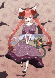 Rule 34 | 1girl, alternate costume, animal ears, black footwear, bouquet, bow, braid, cat ears, cat tail, dress, flower, footwear bow, frills, high heels, highres, kaenbyou rin, kitanor1345, leaf, long hair, multiple tails, open mouth, plant, purple dress, red bow, red eyes, red hair, slit pupils, solo, tail, touhou, twin braids, two tails, very long hair, waist bow, white bow