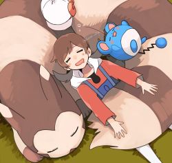 Rule 34 | 1girl, blush stickers, brown hair, bubble, cabbie hat, closed eyes, commentary request, creatures (company), drooling, from above, furret, game freak, gen 2 pokemon, grass, hat, highres, long hair, lying, lyra (pokemon), marill, momotose (hzuu xh4), mouth drool, nintendo, on back, open mouth, overalls, pokemon, pokemon (creature), pokemon hgss, shirt, sleeping, smile, thighhighs, twintails, twitter username, unworn hat, unworn headwear, white headwear, white thighhighs