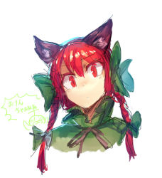 Rule 34 | 1girl, animal ears, black ribbon, bow, braid, cat ears, colored eyelashes, green bow, hair bow, kaenbyou rin, long hair, looking at viewer, melon22, red eyes, red hair, ribbon, simple background, slit pupils, solo, touhou, twin braids, upper body, white background