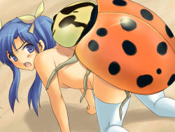 Rule 34 | 1girl, all fours, artist request, bestiality, blue eyes, blue hair, breasts, bug, doggystyle, from behind, kneeling, ladybug (insect), long hair, nude, open mouth, sex, sex from behind, simple background, small breasts, thighhighs, vaginal
