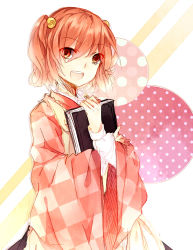 Rule 34 | 1girl, apron, bad id, bad pixiv id, bell, book, checkered clothes, checkered kimono, female focus, hair bell, hair ornament, highres, holding, ice-creamcake, japanese clothes, kimono, long sleeves, looking at viewer, motoori kosuzu, open mouth, pink hair, red eyes, short hair, smile, solo, touhou, twintails, two side up, wide sleeves