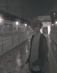 Rule 34 | 1boy, closed mouth, grey eyes, grey hair, hair over one eye, highres, holding, holding umbrella, jacket, lamppost, long sleeves, looking at viewer, male focus, night, open clothes, orexxxo, original, outdoors, pants, reflective floor, shirt, short hair, sleeves past wrists, solo, standing, train, train station, train station platform, umbrella, white shirt
