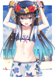 Rule 34 | 1girl, arms up, bad id, bad tumblr id, beach, black hair, blue eyes, blue sky, blush, cloud, cloudy sky, cowboy shot, day, flat chest, floral print, flower wreath, hat, highres, hip focus, long hair, looking at viewer, nanananana, navel, ocean, open mouth, original, outdoors, sailor collar, short sleeves, skirt, sky, smile, solo, swimsuit, white skirt