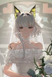 Rule 34 | 1girl, alternate costume, animal ear fluff, animal ears, arknights, asymmetrical hair, backlighting, bouquet, breasts, bridal veil, cat ears, closed mouth, collarbone, commentary, criss-cross halter, dress, expressionless, flower, green eyes, halterneck, holding, holding bouquet, kal&#039;tsit (arknights), light particles, looking at viewer, material growth, oripathy lesion (arknights), pamafff, rose, signature, small breasts, solo, sparkle, upper body, veil, wedding dress, white dress, white flower, white hair, white rose
