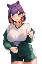 Rule 34 | 1girl, absurdres, alternate breast size, black bra, black choker, blush, bra, bra visible through clothes, breasts, choker, cleavage, cowboy shot, ear piercing, green jacket, green shorts, gudanco (nyanmeowzer), highres, hololive, hololive english, jacket, large breasts, long sleeves, looking at viewer, mole, mole under eye, multicolored hair, ninomae ina&#039;nis, open clothes, open jacket, orange hair, piercing, pointy ears, purple eyes, purple hair, shirt, short hair, short shorts, shorts, simple background, solo, standing, streaked hair, underwear, unzipping, virtual youtuber, white background, white shirt