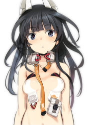 Rule 34 | 1girl, agatsuma kaede, alice gear aegis, bag, bare shoulders, black eyes, black hair, blush, breasts, commentary request, covered erect nipples, detached collar, headgear, long hair, looking at viewer, mecha musume, mechanical ears, medium breasts, parted lips, pasties, satchel, shimada fumikane, simple background, solo, upper body, white background