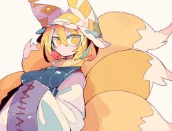 Rule 34 | 1girl, animal hat, blonde hair, breasts, dress, fox tail, hair between eyes, hands in opposite sleeves, hat, highres, impossible clothes, long sleeves, looking at viewer, massakasama, medium breasts, medium hair, mob cap, multiple tails, simple background, solo, tabard, tail, touhou, upper body, white dress, white hat, wide sleeves, yakumo ran, yellow eyes