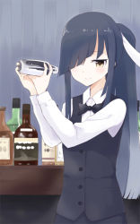 Rule 34 | 10s, 1girl, alternate costume, alternate hairstyle, bartender, black hair, bottle, bow, bowtie, brown eyes, collared shirt, formal, hair over one eye, hair ribbon, hayashimo (kancolle), high ponytail, kantai collection, looking at viewer, ribbon, shirt, smile, solo, sui (tsuruhibiki), suit, traditional bowtie, upper body, vest