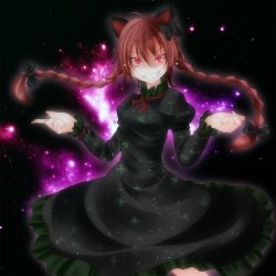 Rule 34 | 1girl, ahoge, animal ears, bad id, bad pixiv id, braid, cat ears, cat girl, dress, female focus, fingernails, frills, grin, highres, kaenbyou rin, looking at viewer, red eyes, red hair, ribbon, shaded face, skirt, slit pupils, smile, solo, touhou, tsukishiro saika, twin braids, twintails