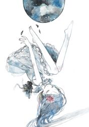 Rule 34 | 1girl, bare legs, barefoot, blue hair, closed eyes, dress, falling, feathers, flower, frilled dress, frills, full body, hair flower, hair ornament, highres, long hair, moon, original, oseto (oxxsexxto), painting (medium), pale skin, planet, simple background, sleeveless, solo, toes, traditional media, upside-down, watercolor (medium), white background