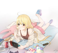 Rule 34 | 1girl, absurdres, ahoge, bare shoulders, blonde hair, blue socks, blush, book, breasts, brown eyes, controller, eating, fpanda, futaba anzu, hair between eyes, highres, idolmaster, idolmaster cinderella girls, long hair, looking at viewer, lying, nintendo switch, off shoulder, on stomach, remote control, short shorts, shorts, signature, small breasts, smile, socks, solo, striped clothes, striped socks, the pose