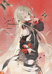 Rule 34 | 1girl, absurdres, artist name, bare shoulders, black bow, black dress, blonde hair, bow, braid, chinese commentary, commission, cowboy shot, detached sleeves, dress, earrings, english text, eyepatch, from side, hair between eyes, hand up, highres, jewelry, lantern, long hair, long sleeves, looking at viewer, nail polish, original, red background, red eyes, red nails, solo, star (symbol), very long hair, watermark, weibo logo, weibo watermark, youzhi