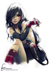 Rule 34 | 1990s (style), 1girl, blood, cuts, elbow gloves, elbow rest, final fantasy, final fantasy vii, fingerless gloves, gloves, hair over one eye, injury, knee up, long hair, low-tied long hair, messy hair, ravenskar, retro artstyle, simple background, solo, spiked knuckles, tifa lockhart, viet-my bui, white background