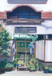 Rule 34 | building, flower, flower pot, highres, house, japanese clothes, kimono, miso pan, no humans, original, plant, potted plant, scenery, tree, vines, window