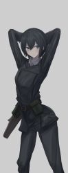 Rule 34 | 1girl, androgynous, arms behind head, arms up, belt, belt buckle, belt pouch, black belt, black hair, black jacket, black pants, blue eyes, buckle, closed mouth, commentary, expressionless, feet out of frame, grey background, hair between eyes, highres, holster, jacket, kino (kino no tabi), kino no tabi, kote menn, light blush, looking at viewer, pale skin, pants, pouch, shirt, short hair, simple background, solo, standing, stretching, tomboy, white shirt