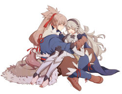 Rule 34 | 1boy, 1girl, armor, barefoot, blush, brown hair, cape, closed eyes, corrin (female) (fire emblem), corrin (fire emblem), couple, fire emblem, fire emblem fates, gloves, hair between eyes, hairband, happy, hetero, long hair, nintendo, open mouth, pointy ears, ponytail, remi (remipote), silver hair, smile, takumi (fire emblem)