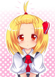 Rule 34 | 1girl, alternate hairstyle, bad id, bad pixiv id, blonde hair, embodiment of scarlet devil, female focus, forehead, high ponytail, looking at viewer, red eyes, rumia, shinekalta, short hair, solo, touhou, upper body, v arms