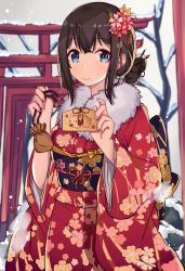 Rule 34 | 1girl, absurdres, blue eyes, blush, brown hair, chinese zodiac, closed mouth, commentary request, ema, floral print, flower, fur collar, grey sky, hair flower, hair ornament, highres, holding, idolmaster, idolmaster cinderella girls, japanese clothes, kimono, long sleeves, new year, norazura, obi, outdoors, pink flower, pouch, print kimono, red flower, red kimono, sagisawa fumika, sash, sky, smile, snow, snowing, solo, torii, wide sleeves, year of the pig