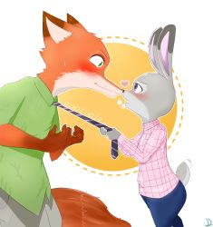 Rule 34 | 1boy, 1girl, animal ears, animal hands, artist name, blue pants, blush, breath, buck teeth, closed mouth, constricted pupils, copyright name, denyfake, english text, eye contact, fangs, flat chest, fox ears, fox tail, from side, furry, green eyes, green shirt, grey pants, hands together, hands up, heart, highres, holding, judy hopps, long sleeves, looking at another, nick wilde, noses touching, open mouth, outline, pants, pink neckwear, pink shirt, plaid, plaid shirt, profile, purple eyes, rabbit ears, rabbit tail, shirt, short sleeves, signature, simple background, standing, striped neckwear, tail, teeth, two-tone background, white outline, zootopia