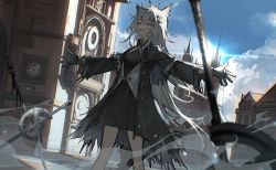Rule 34 | 1girl, ^ ^, absurdres, animal ears, arknights, black coat, black dress, black gloves, blurry, brooch, building, buttons, clock, clock tower, closed eyes, cloud, coat, collared coat, depth of field, dress, feet out of frame, gloves, grin, hair ornament, hairclip, highres, jewelry, koli (ssssoliko), lappland (arknights), lappland (refined horrormare) (arknights), long hair, long sleeves, official alternate costume, outdoors, outstretched arms, planted, planted sword, planted weapon, scar, scar across eye, scar on face, silver hair, sky, smile, smoke, solo, spread arms, standing, sword, torn clothes, tower, weapon, wolf ears, wolf girl