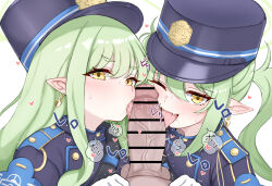 Rule 34 | 1boy, 2girls, absurdres, armband, bar censor, blue archive, blue armband, blush, censored, cooperative fellatio, daram (shappydude), erection, fellatio, green hair, heart, hetero, hikari (blue archive), nozomi (blue archive), highres, licking, licking penis, looking at viewer, multiple girls, oral, penis, pointy ears, pov, pov crotch, saliva, simple background, sweat, testicles, tongue, tongue out, veins, veiny penis, white background