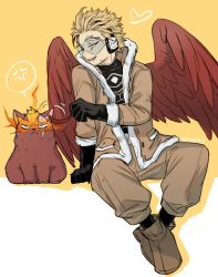 Rule 34 | 2boys, anger vein, animalization, artist name, blonde hair, bodysuit, bodysuit under clothes, boku no hero academia, boots, burn scar, costume, drop shadow, endeavor (boku no hero academia), eye mask, facial hair, facial scar, feathered wings, feathers, fire, gloves, goatee, hawks (boku no hero academia), headphones, heart, kadeart, male focus, multiple boys, red feathers, red hair, rimless eyewear, scar, scar across eye, scar on cheek, scar on face, scar on mouth, short hair, sitting, skin tight, spiked hair, spoken anger vein, tickling, tickling ears, tinted eyewear, twitter username, two-tone background, wings