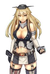 Rule 34 | 10s, 1girl, bare shoulders, belt buckle, blonde hair, breasts, buckle, cleavage, elbow gloves, fingerless gloves, gloves, highres, iowa (kancolle), kantai collection, large breasts, long hair, midriff, miniskirt, nanao (aoyamahikari), navel, skirt, smile, solo, standing, star-shaped pupils, star (symbol), striped clothes, striped thighhighs, symbol-shaped pupils, thighhighs, yellow eyes